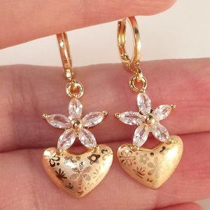 18K Yellow Gold Filled Laser Carved Heart Flower Diamond Zircon Dangle Earrings
